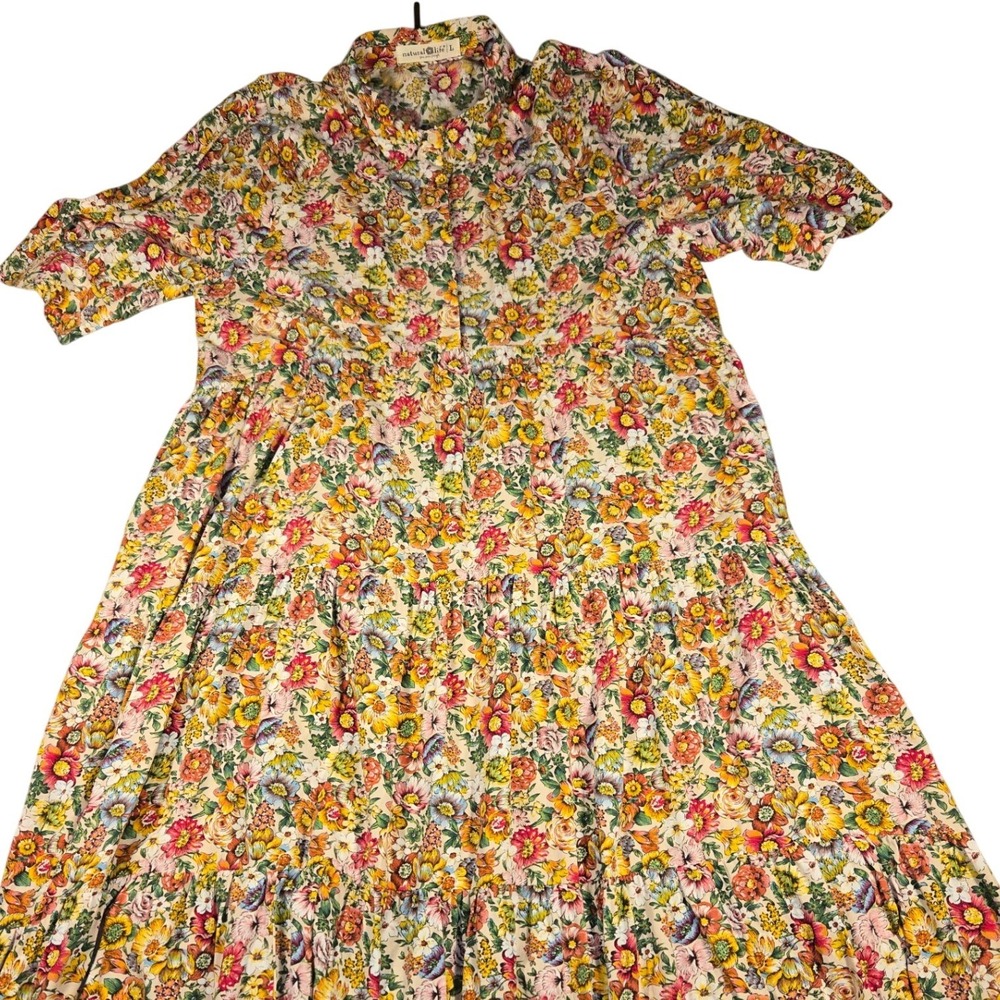 Natural Life Floral Tiered Maxi Dress L Cream Multi Button Down Short Sleeve